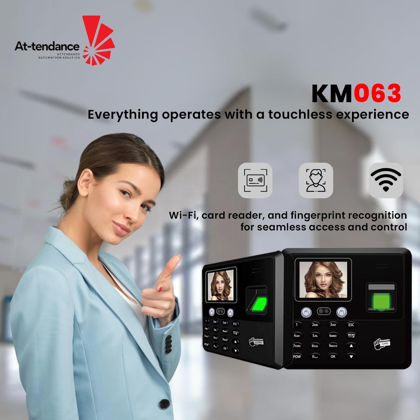 At-tendance KM063 Biometric Attendance Machine – Face & Fingerprint, Time Clock with 2.8" Display Supports Up to 1,500 Users