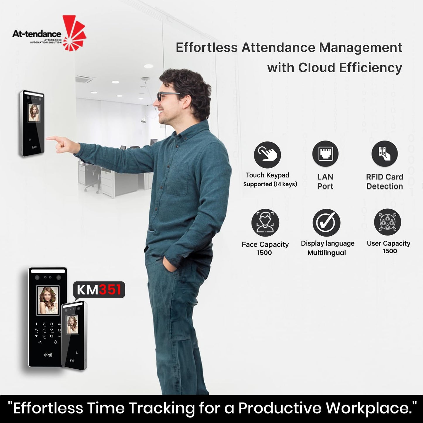 At-Tendance KM351 Cloud-Based Attendance System with Face Recognition Biometric Machine (1,500 Users) Capacity